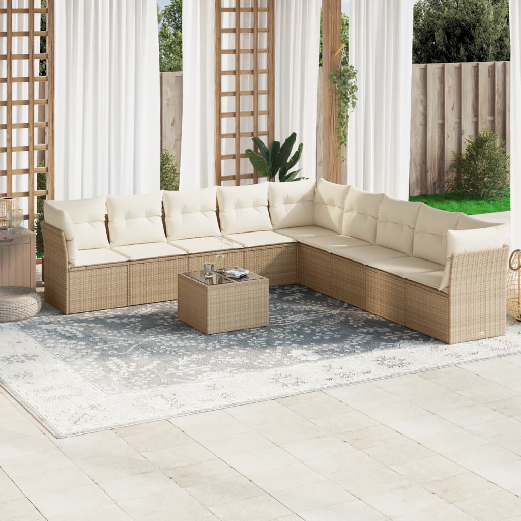 10 Pcs conjunto de sofás p/ jardim com almofadões vime PE bege