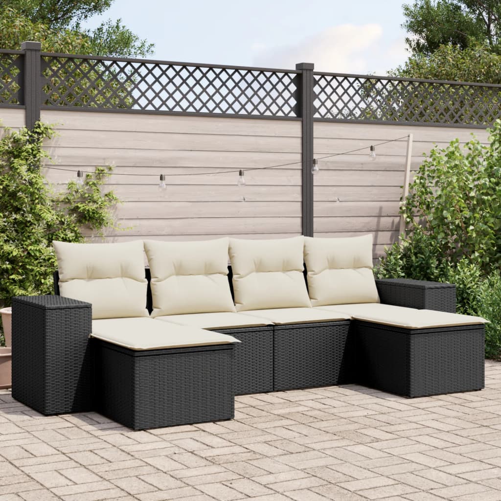 6 Pcs conjunto sofás de jardim c/ almofadões vime PE preto
