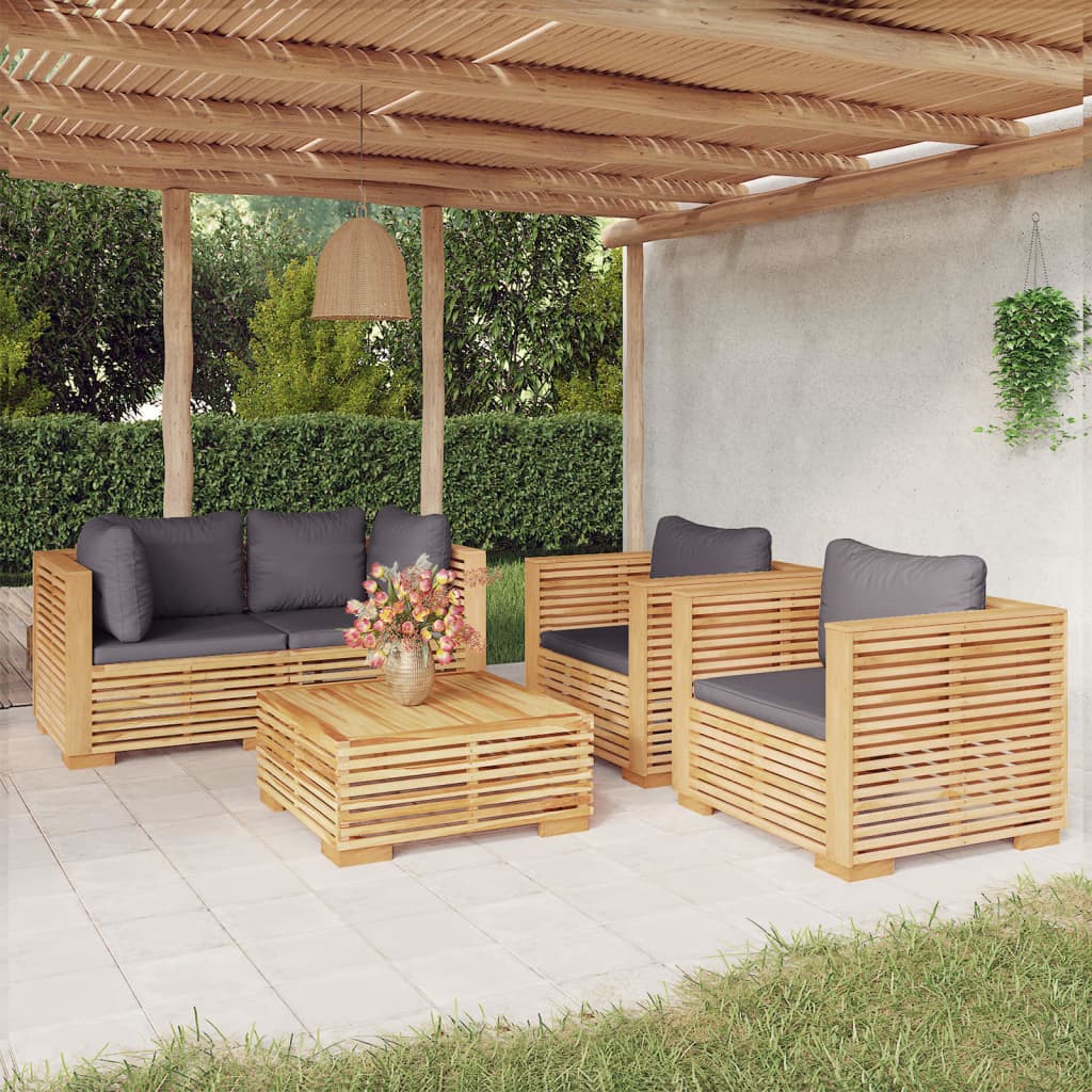 5 Pcs conjunto lounge jardim c/ almofadões madeira teca maciça