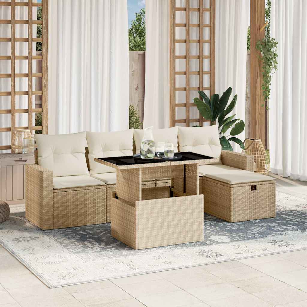 6 Pcs conjunto de sofás p/ jardim com almofadões vime PE bege