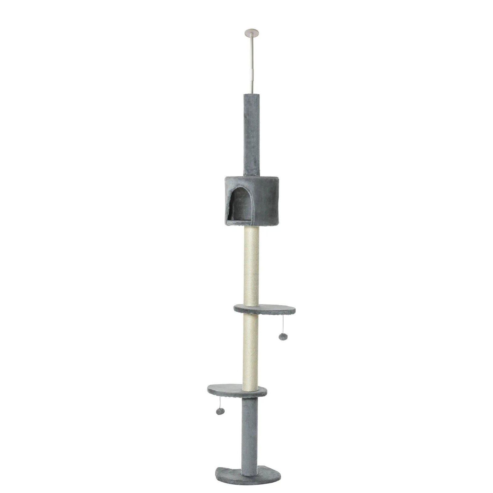 Árvore arranhador para gatos para fixar ao teto altura ajustável 229-235cm 260-266cm com plataformas caverna postes de sisal bolas penduradas 40x40x217 cm cinza claro