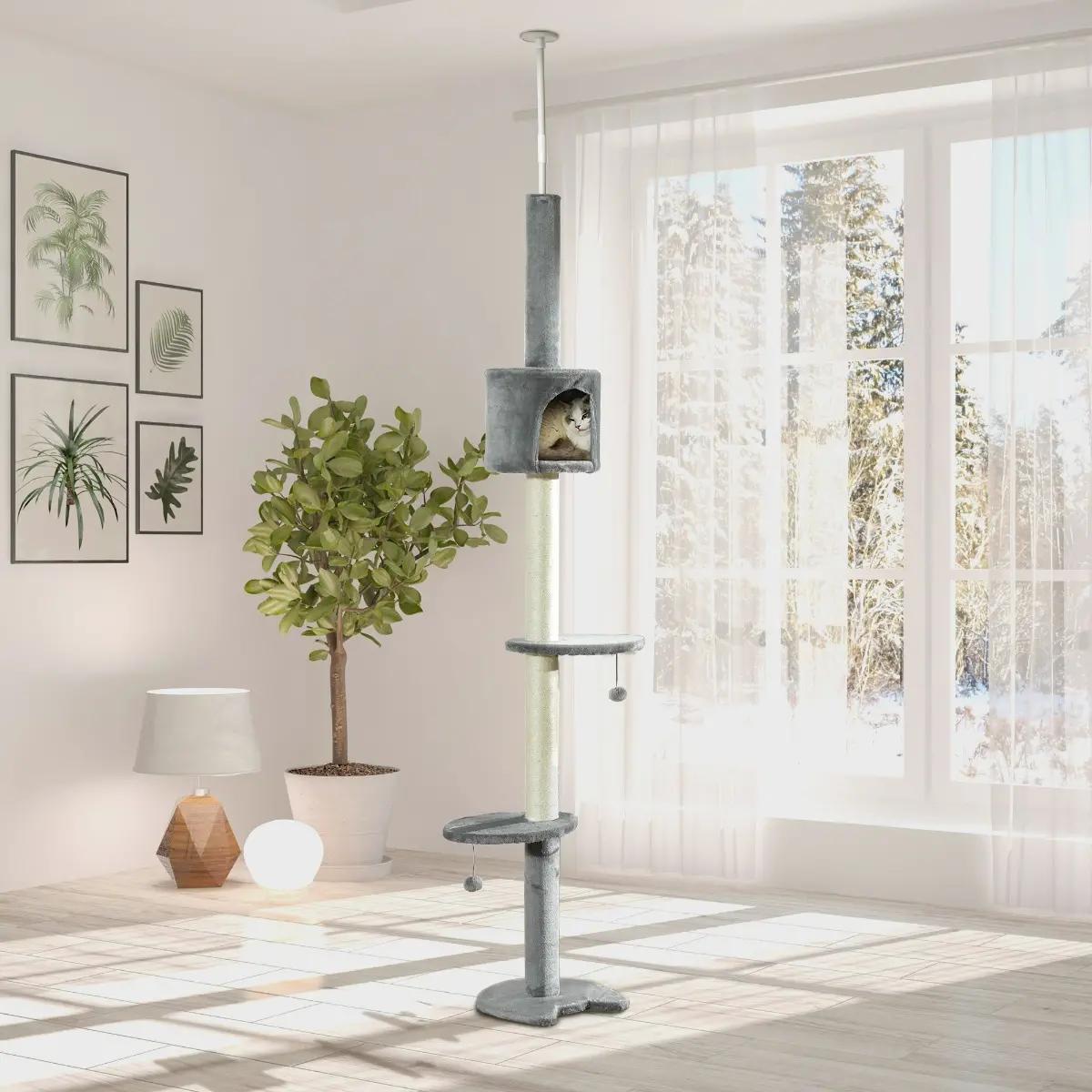 Árvore arranhador para gatos para fixar ao teto altura ajustável 229-235cm 260-266cm com plataformas caverna postes de sisal bolas penduradas 40x40x217 cm cinza claro