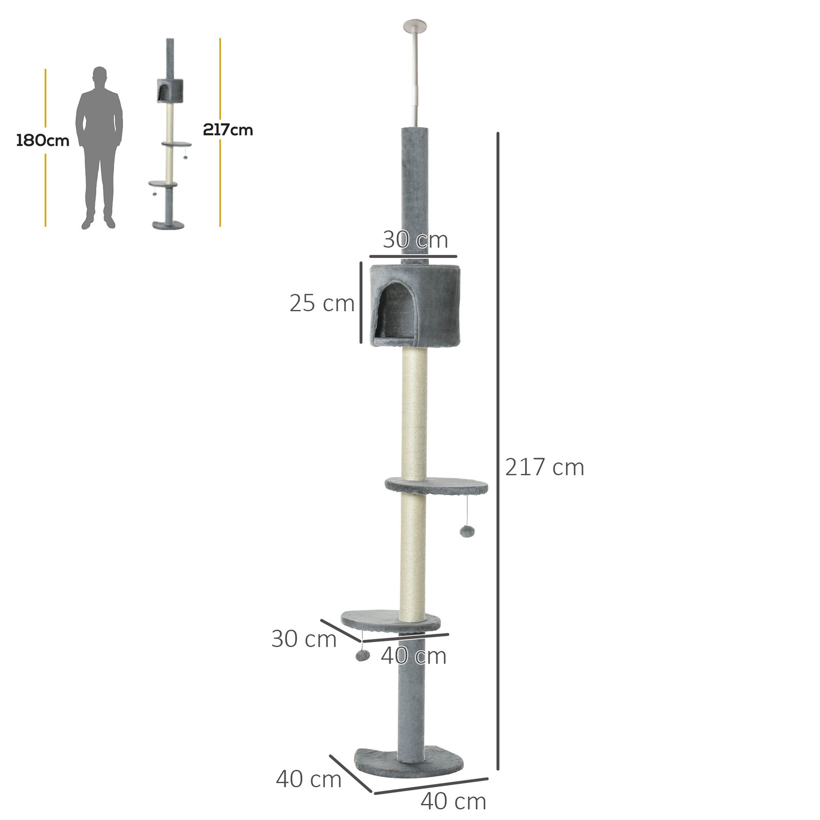Árvore arranhador para gatos para fixar ao teto altura ajustável 229-235cm 260-266cm com plataformas caverna postes de sisal bolas penduradas 40x40x217 cm cinza claro