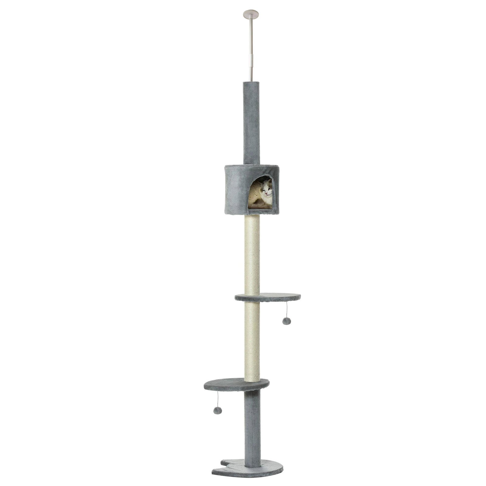 Árvore arranhador para gatos para fixar ao teto altura ajustável 229-235cm 260-266cm com plataformas caverna postes de sisal bolas penduradas 40x40x217 cm cinza claro