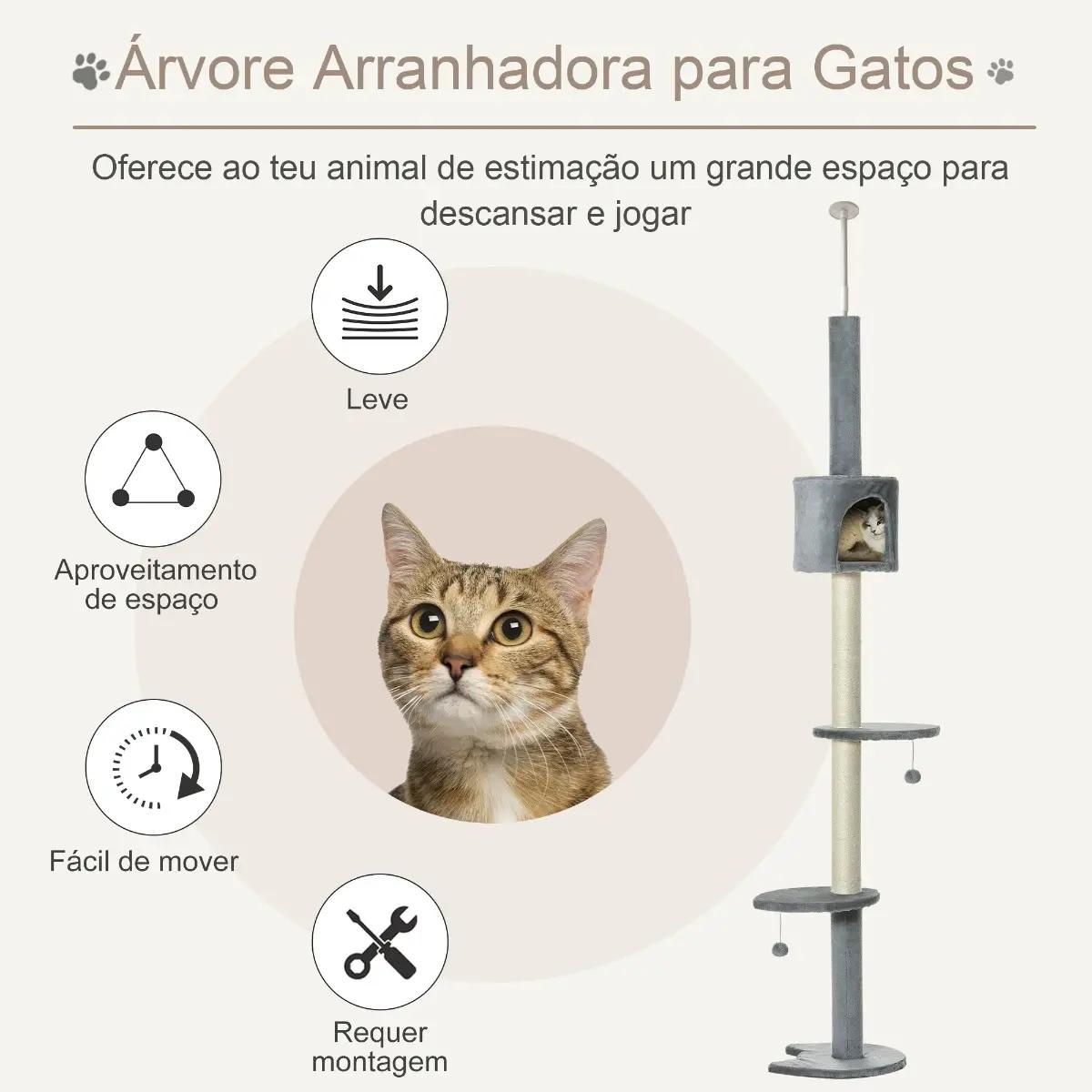 Árvore arranhador para gatos para fixar ao teto altura ajustável 229-235cm 260-266cm com plataformas caverna postes de sisal bolas penduradas 40x40x217 cm cinza claro