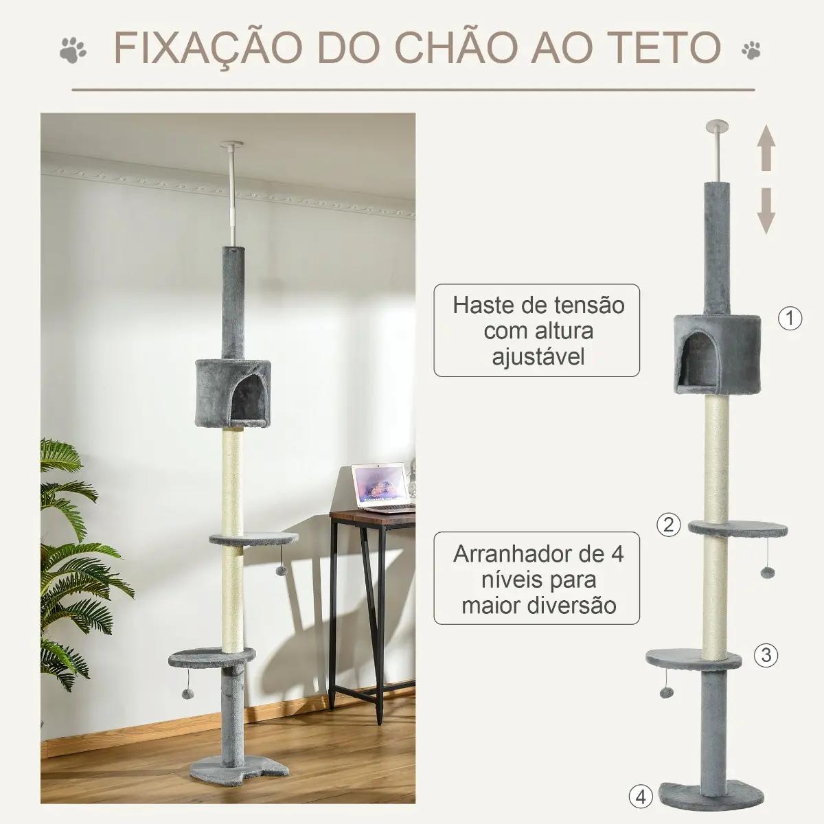 Árvore arranhador para gatos para fixar ao teto altura ajustável 229-235cm 260-266cm com plataformas caverna postes de sisal bolas penduradas 40x40x217 cm cinza claro
