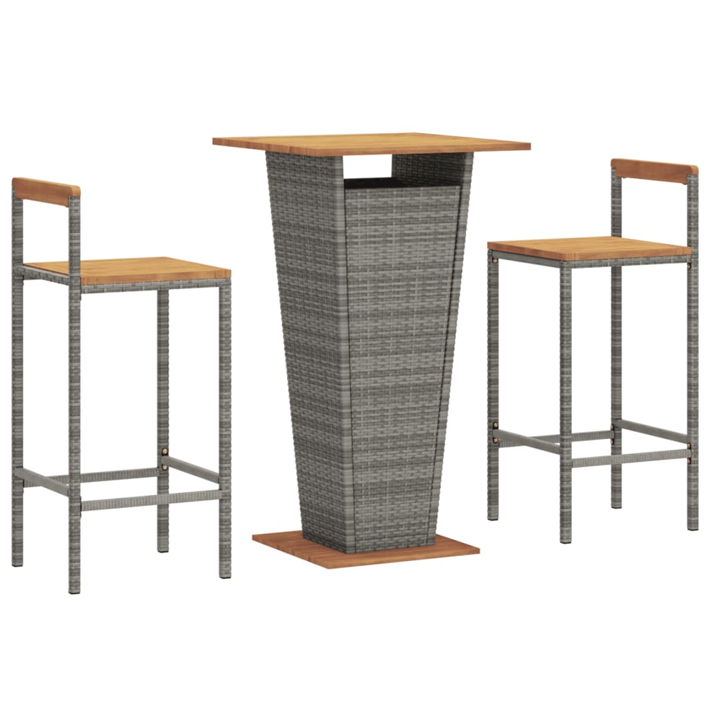 3 Pcs conjunto de bar p/ jardim vime PE/acácia maciça cinzento