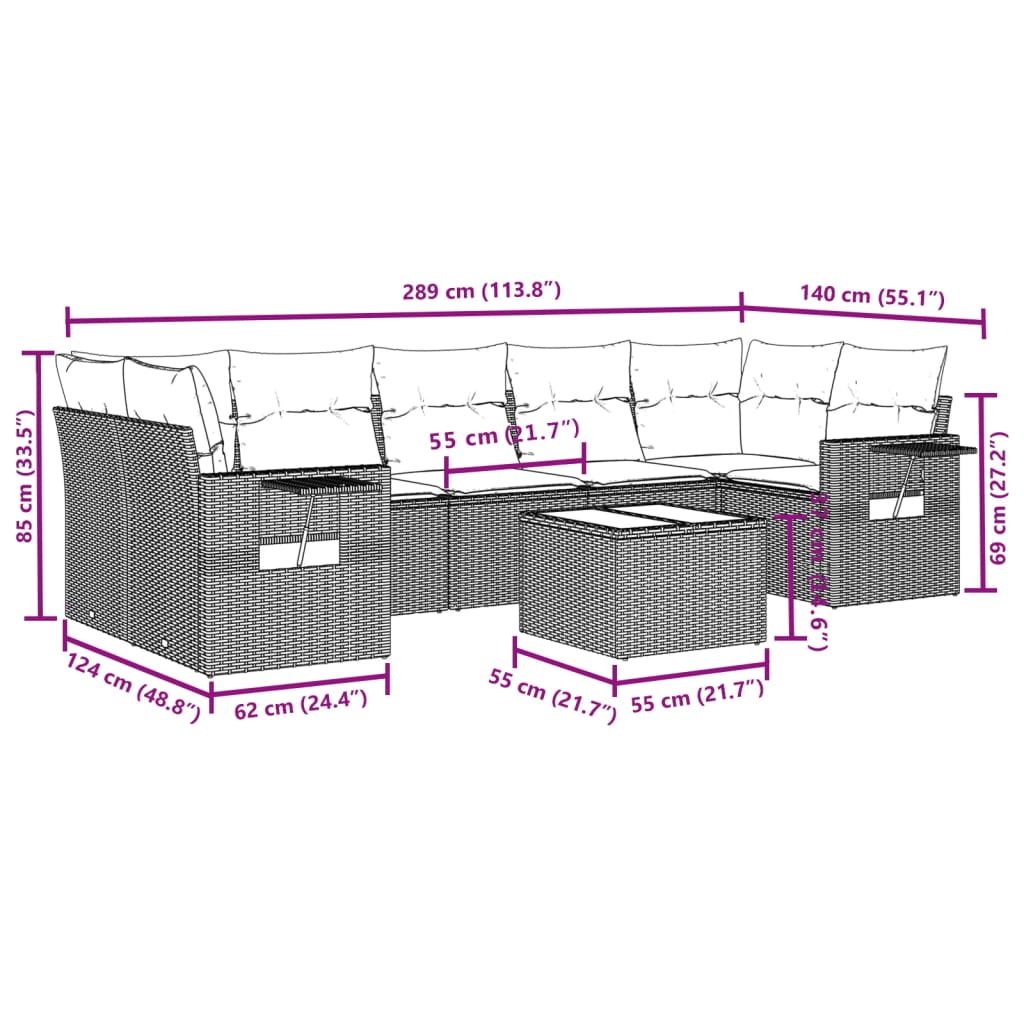 8 Pcs conjunto sofás de jardim com almofadões vime PE preto