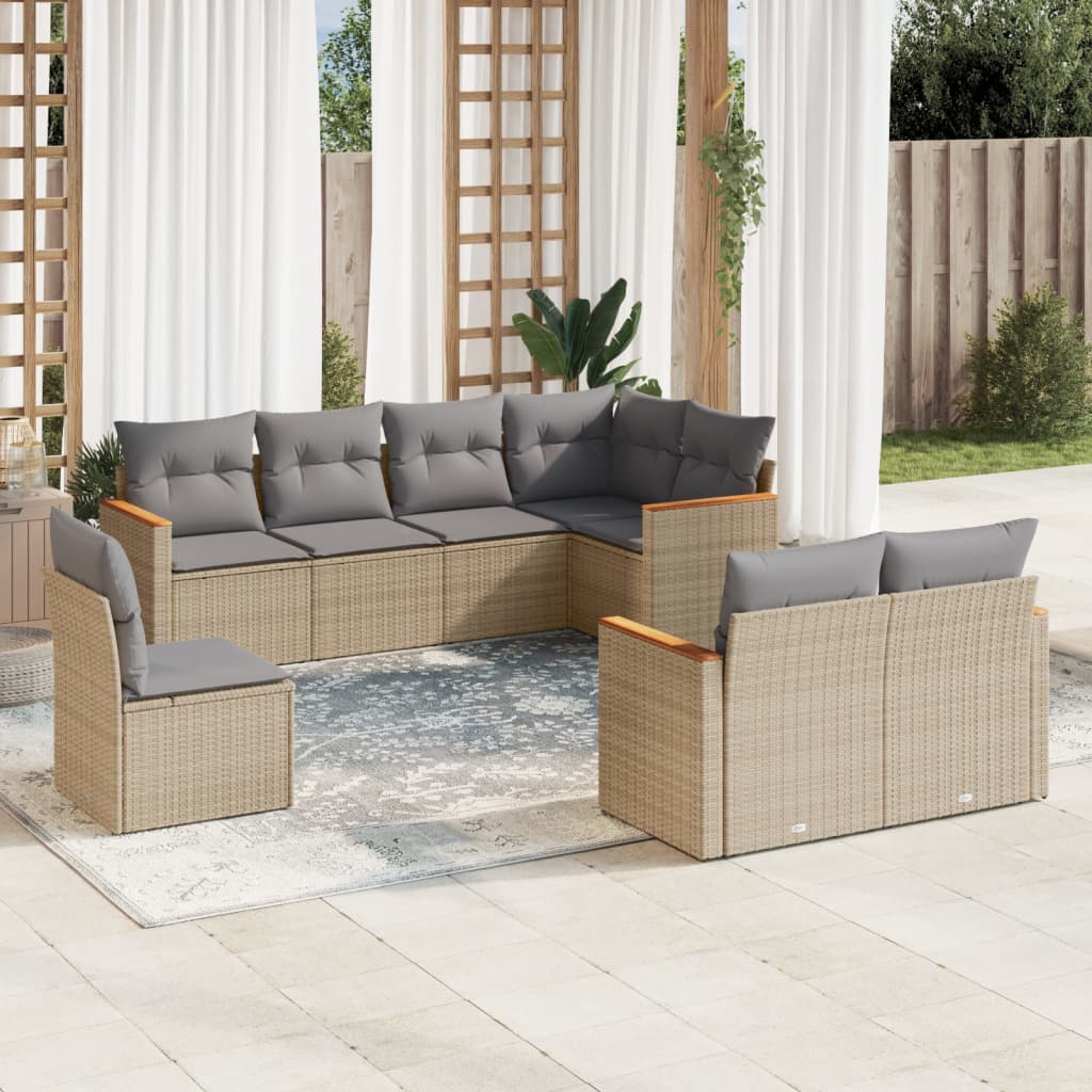 8 Pcs conj. sofás jardim c/ almofadões vime PE bege misturado