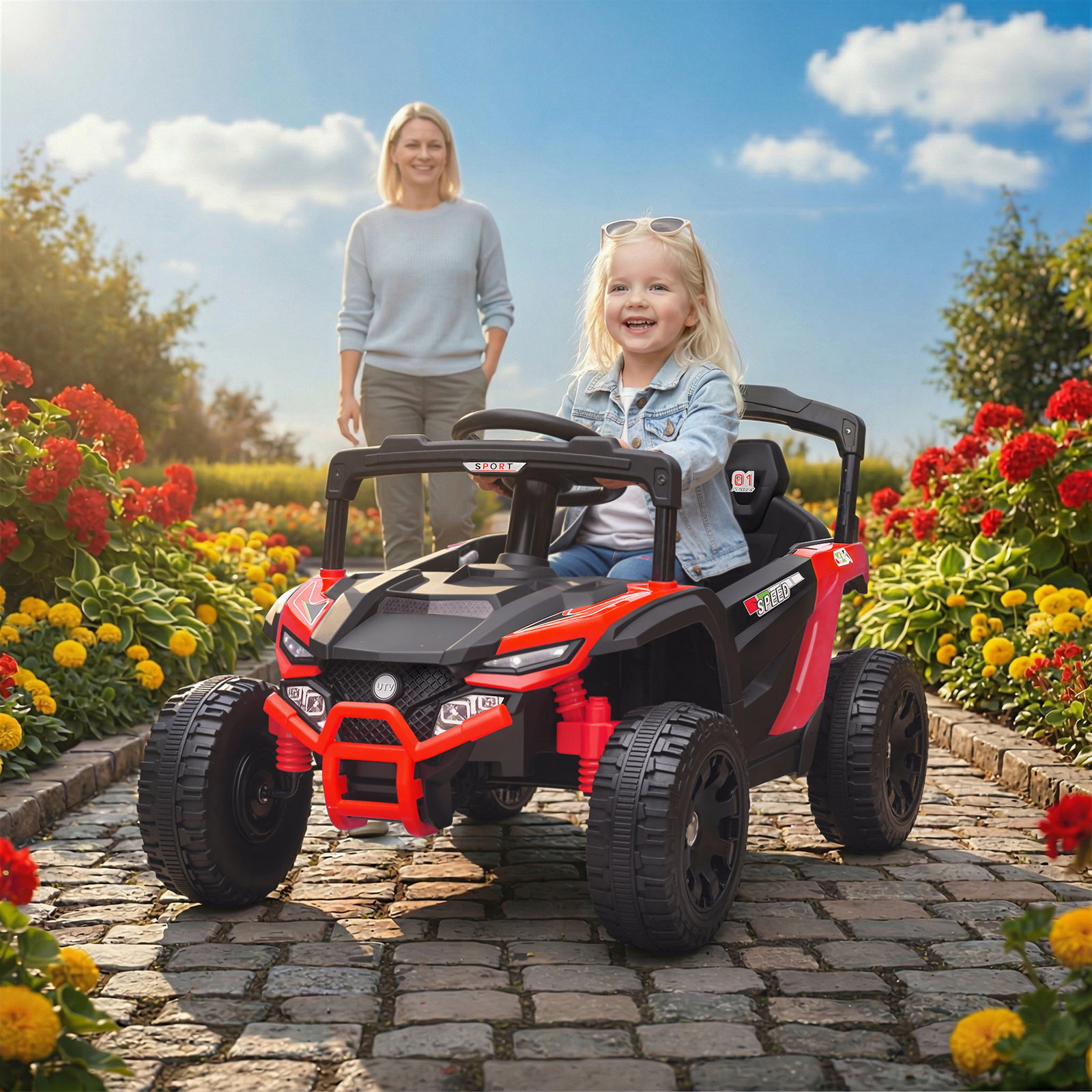 Carro elétrico para crianças 12v com 2 motores suspensão traseira faróis e música 88x57,5x55,5 cm vermelho