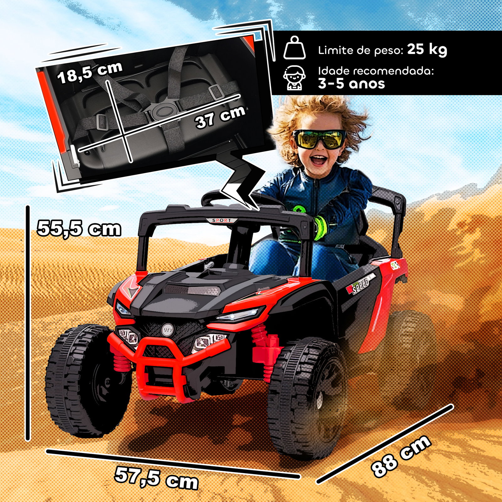 Carro elétrico para crianças 12v com 2 motores suspensão traseira faróis e música 88x57,5x55,5 cm vermelho