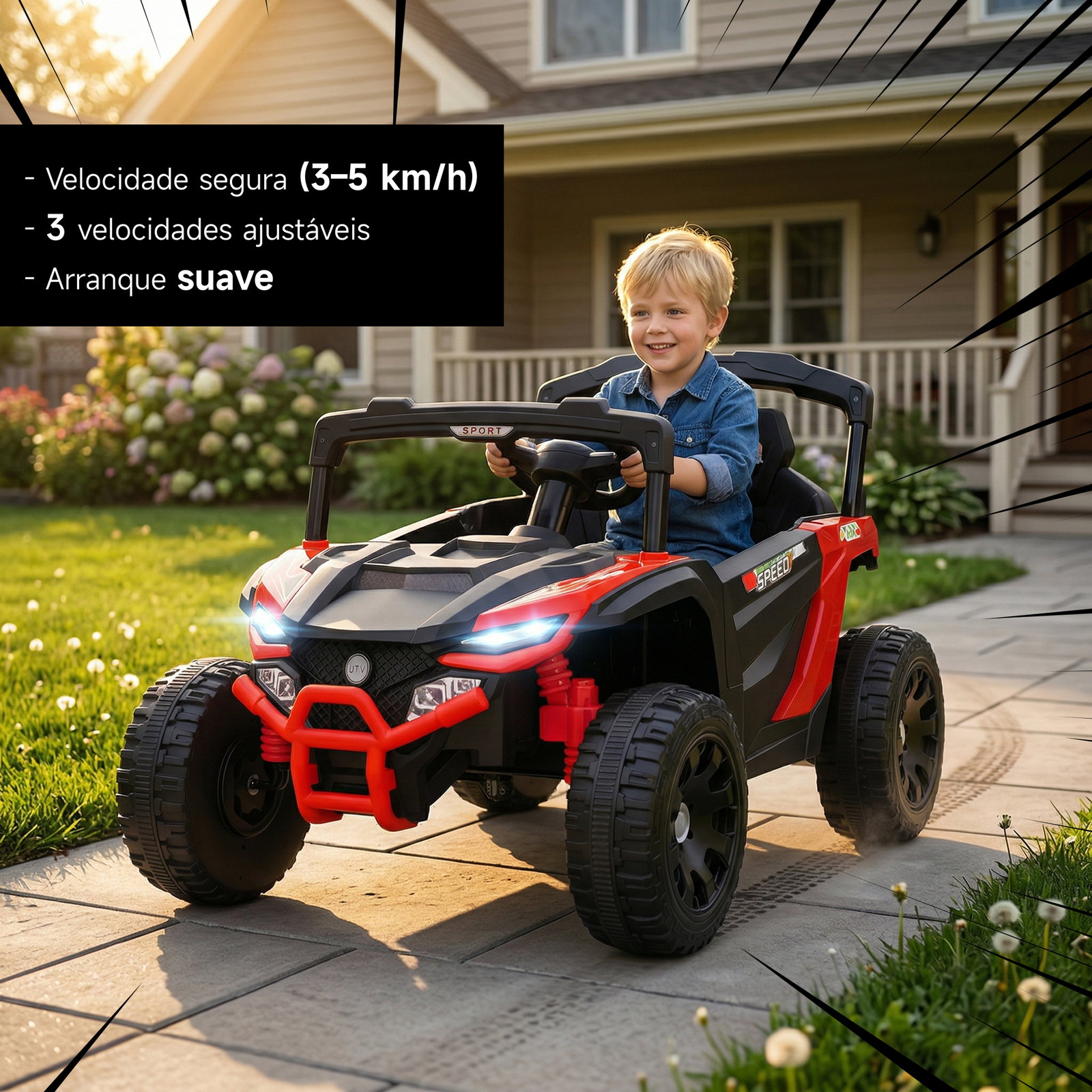 Carro elétrico para crianças 12v com 2 motores suspensão traseira faróis e música 88x57,5x55,5 cm vermelho