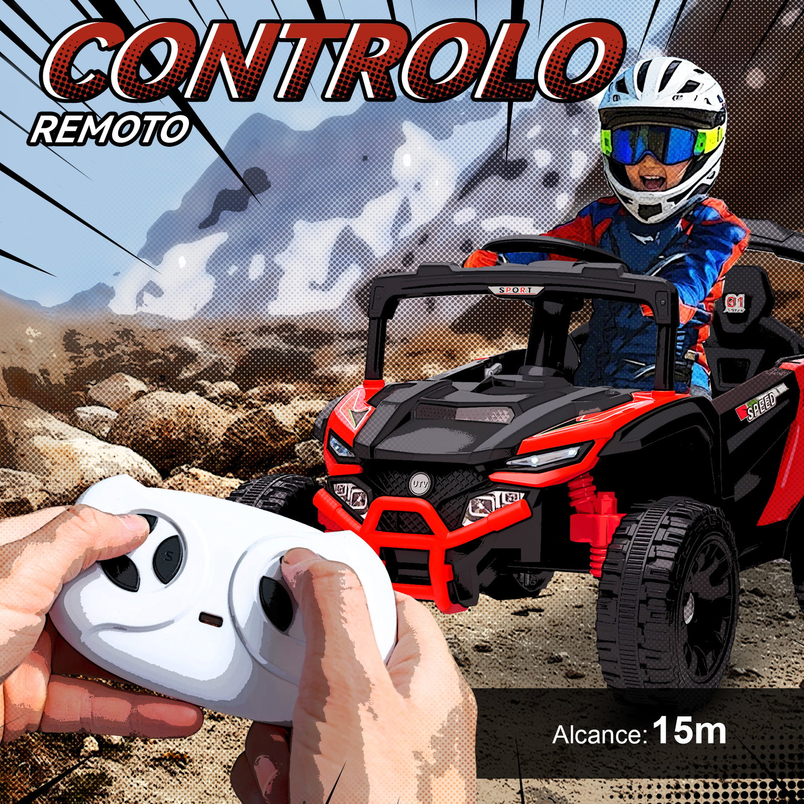 Carro elétrico para crianças 12v com 2 motores suspensão traseira faróis e música 88x57,5x55,5 cm vermelho