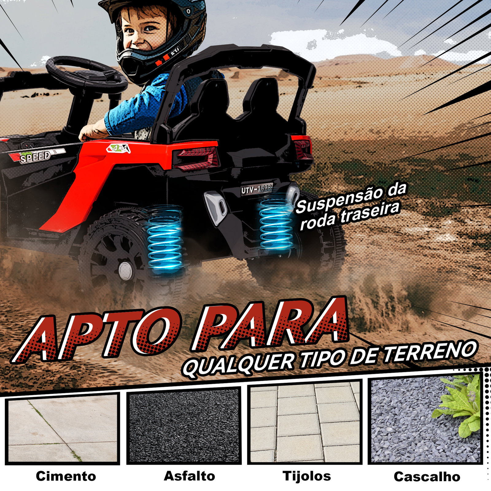Carro elétrico para crianças 12v com 2 motores suspensão traseira faróis e música 88x57,5x55,5 cm vermelho