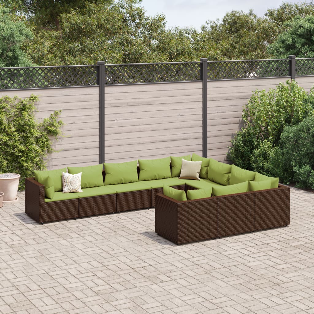 10 Pcs conj. sofás jardim com almofadões vime PE castanho