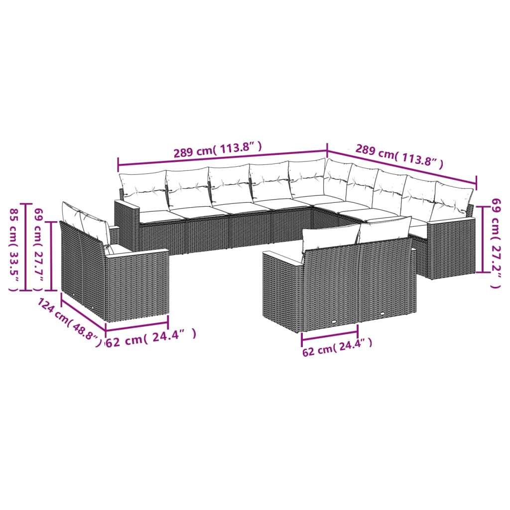 13 Pcs conjunto sofás p/ jardim c/ almofadões vime PE cinzento