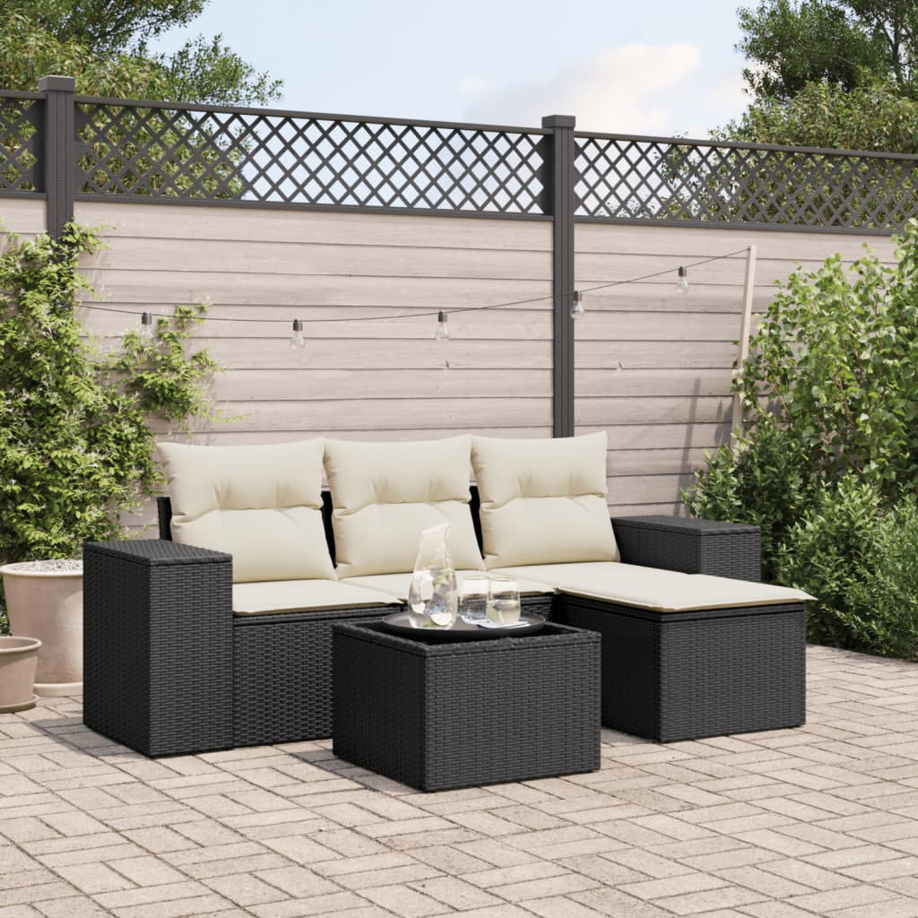 5 Pcs conjunto sofás de jardim com almofadões vime PE preto