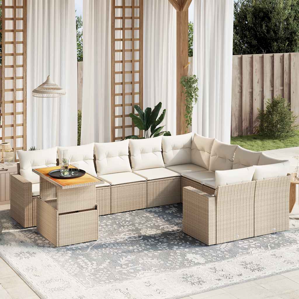 10 Pcs conjunto de sofás p/ jardim com almofadões vime PE bege