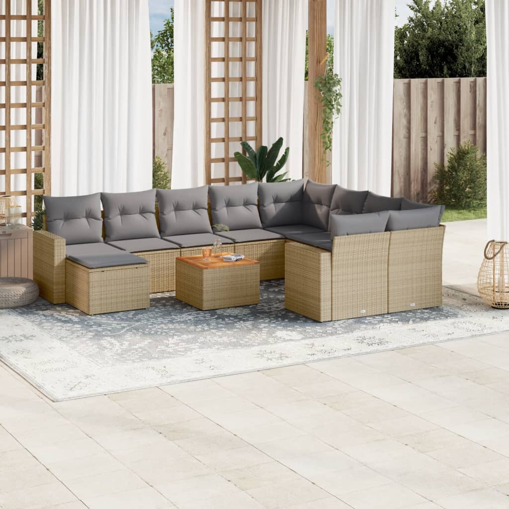 11 Pcs conjunto sofás de jardim c/ almofadões vime PE bege