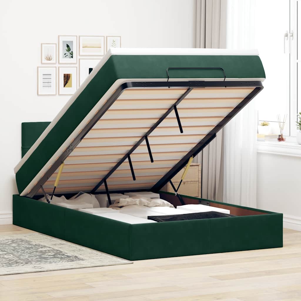 Estrutura de cama otomana com colchão verde escuro veludo