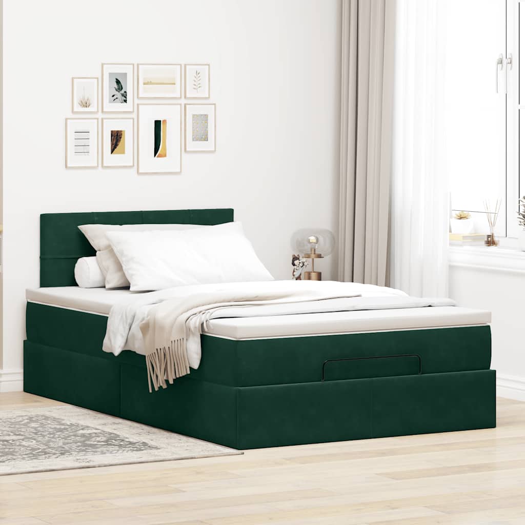 Estrutura de cama otomana com colchão verde escuro veludo