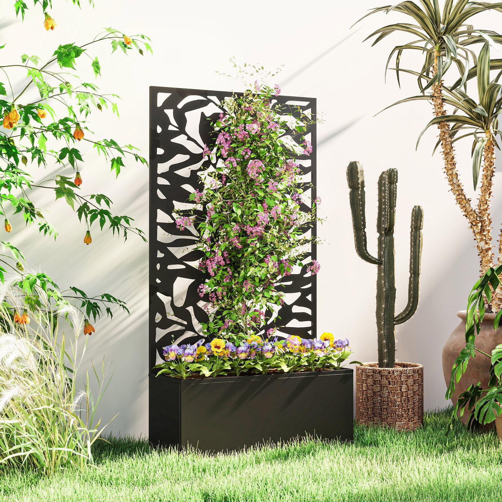 Floreira elevada com painel de privacidade de folhas decorativas de metal e opção de montagem na parede 61x23x113 cm preto