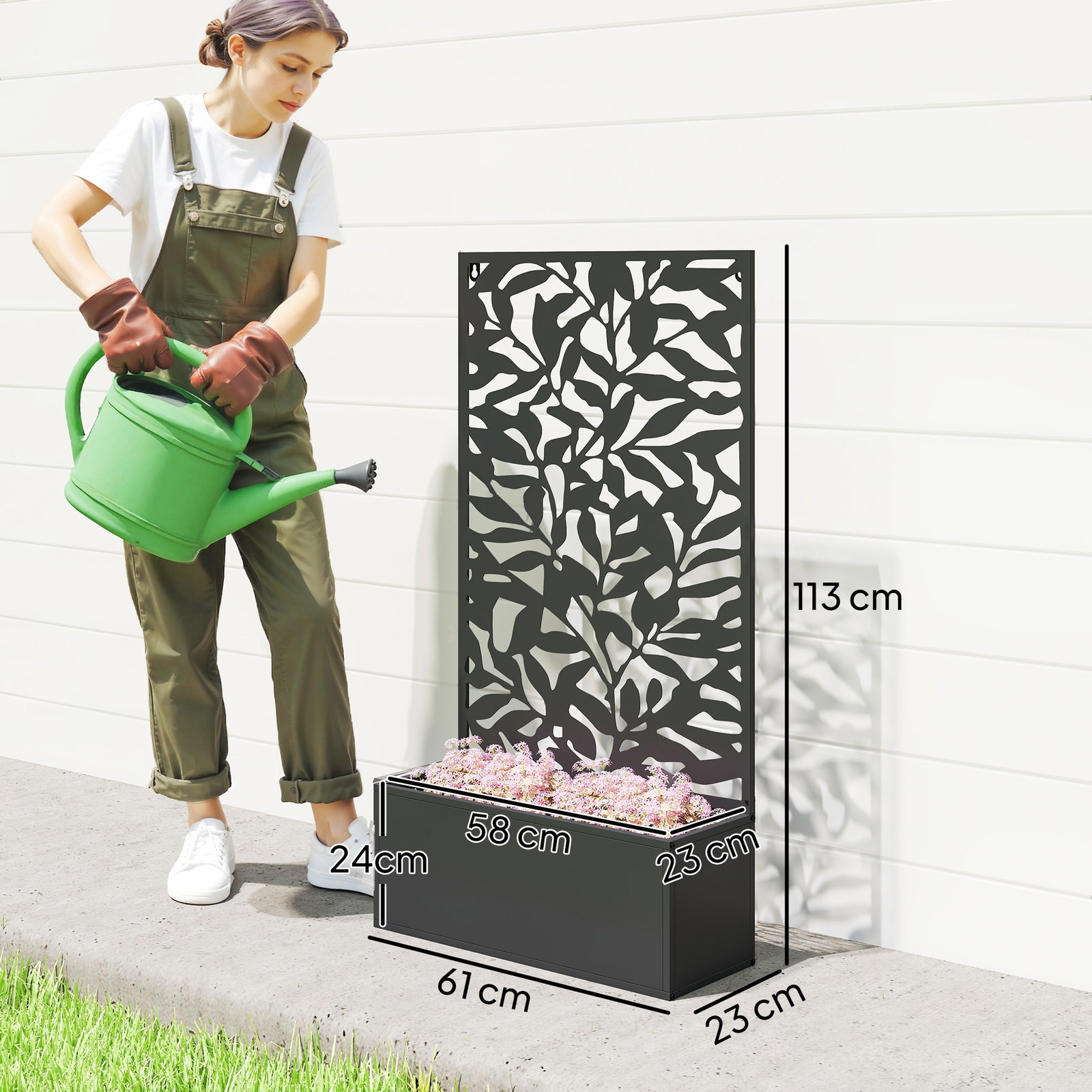 Floreira elevada com painel de privacidade de folhas decorativas de metal e opção de montagem na parede 61x23x113 cm preto