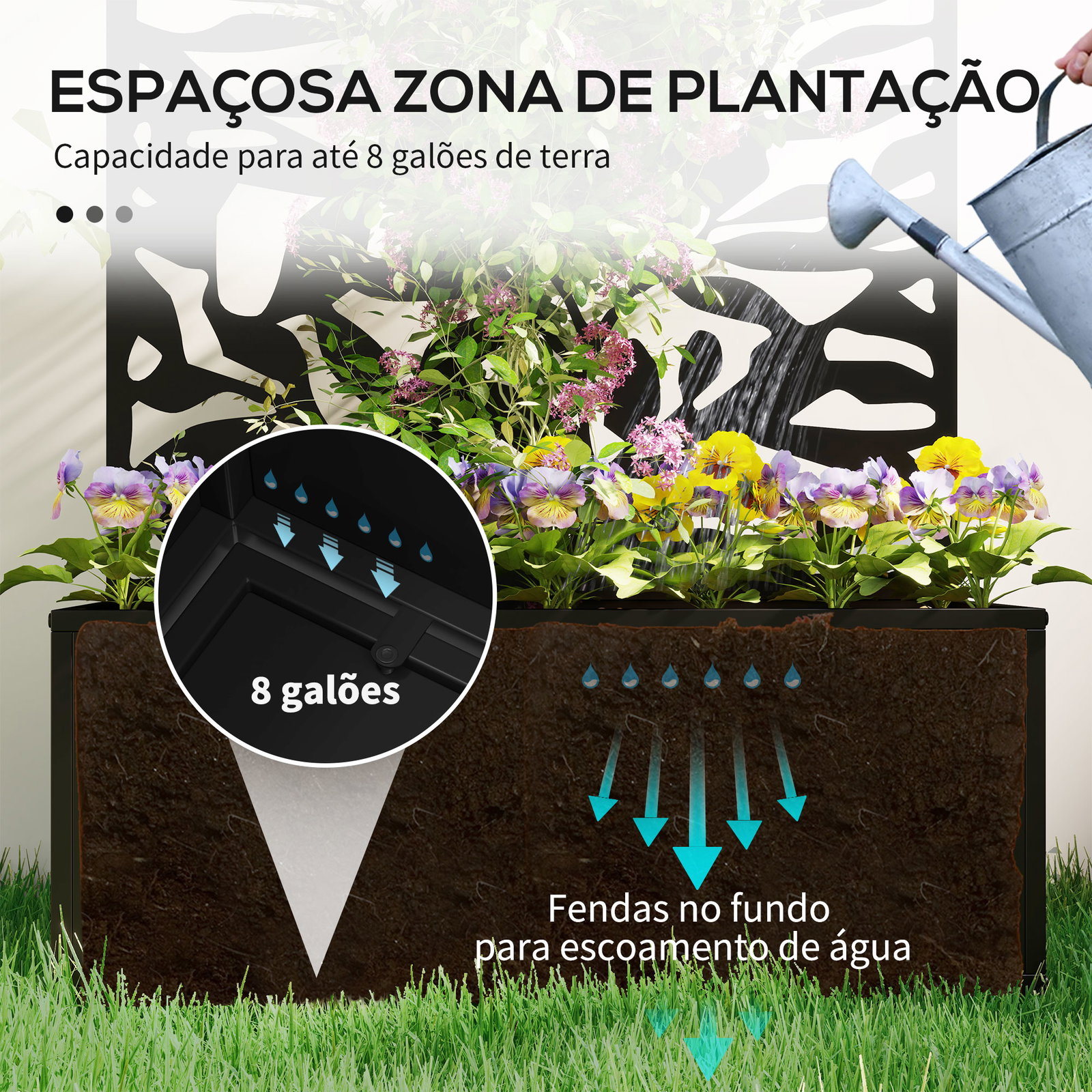 Floreira elevada com painel de privacidade de folhas decorativas de metal e opção de montagem na parede 61x23x113 cm preto