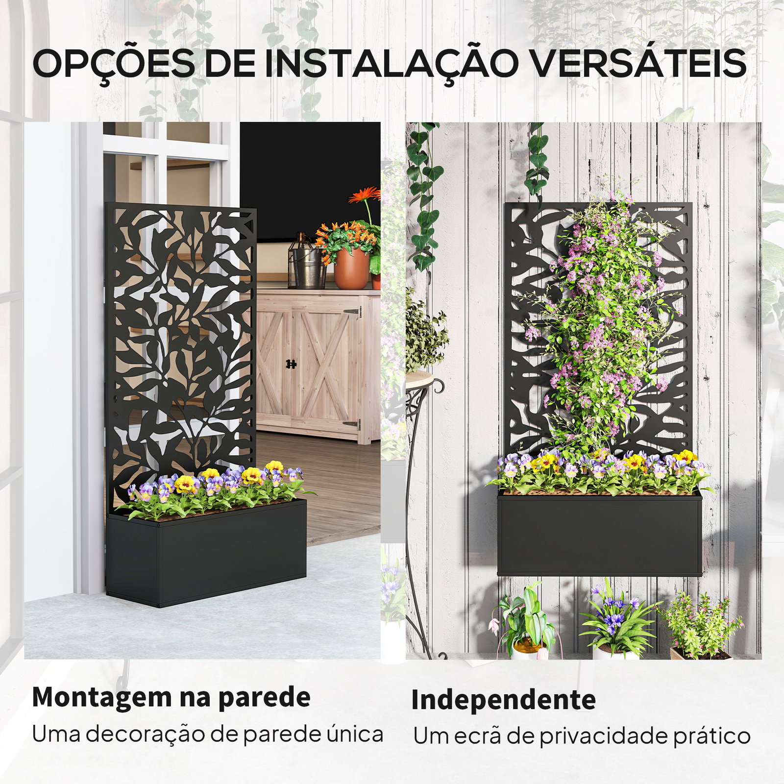 Floreira elevada com painel de privacidade de folhas decorativas de metal e opção de montagem na parede 61x23x113 cm preto