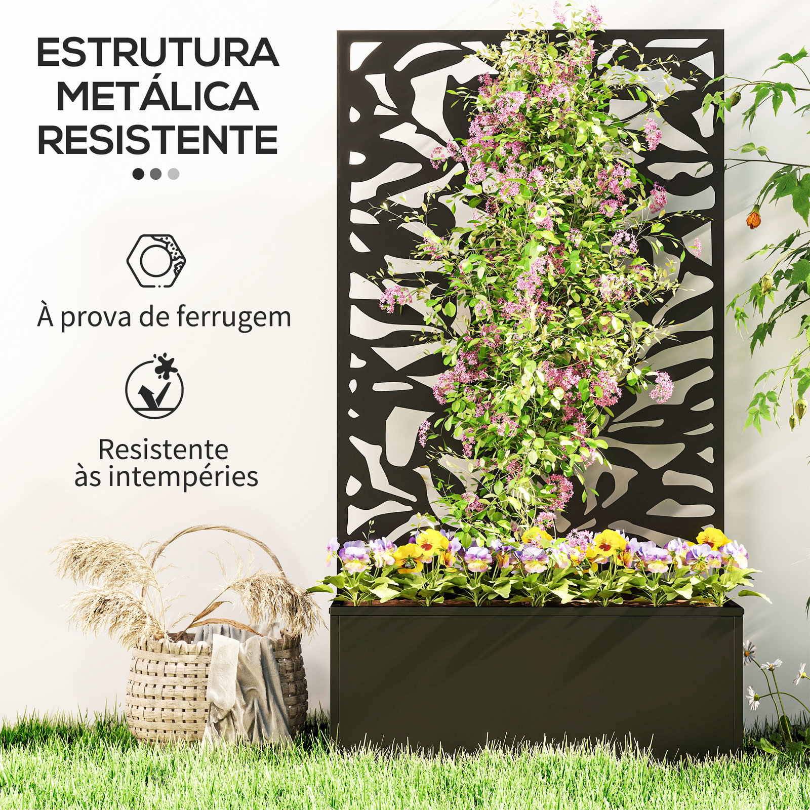 Floreira elevada com painel de privacidade de folhas decorativas de metal e opção de montagem na parede 61x23x113 cm preto
