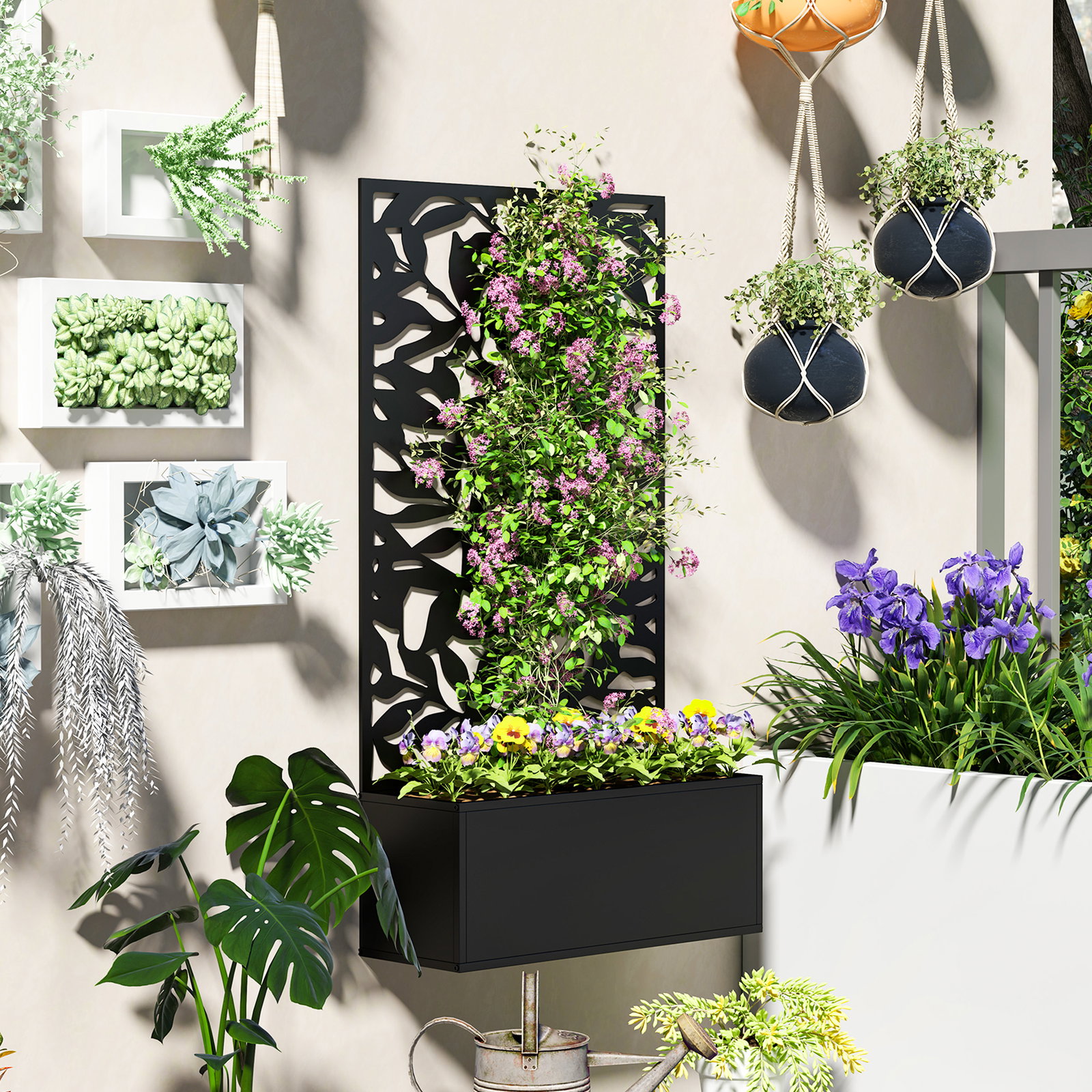 Floreira elevada com painel de privacidade de folhas decorativas de metal e opção de montagem na parede 61x23x113 cm preto