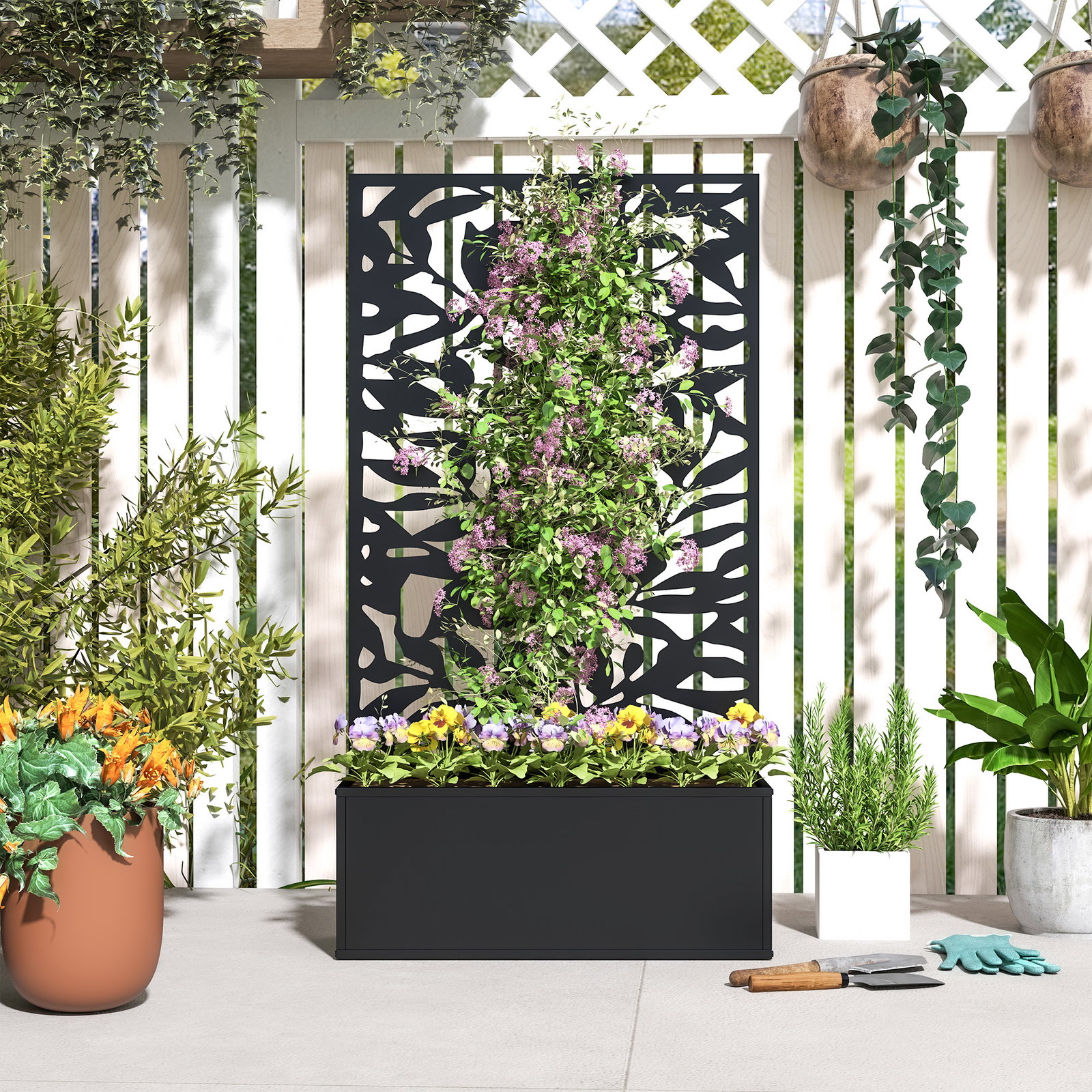 Floreira elevada com painel de privacidade de folhas decorativas de metal e opção de montagem na parede 61x23x113 cm preto