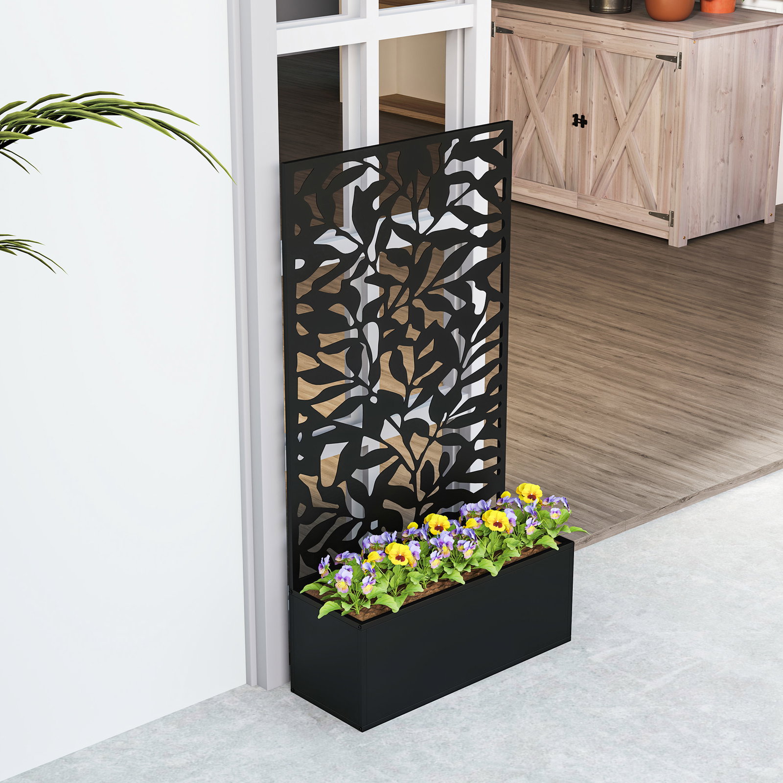 Floreira elevada com painel de privacidade de folhas decorativas de metal e opção de montagem na parede 61x23x113 cm preto