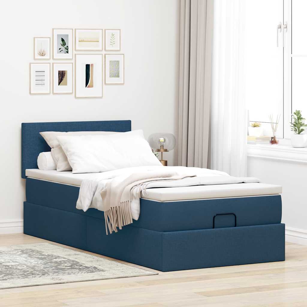 Estrutura de cama otomana com colchão tecido azul 90x190cm