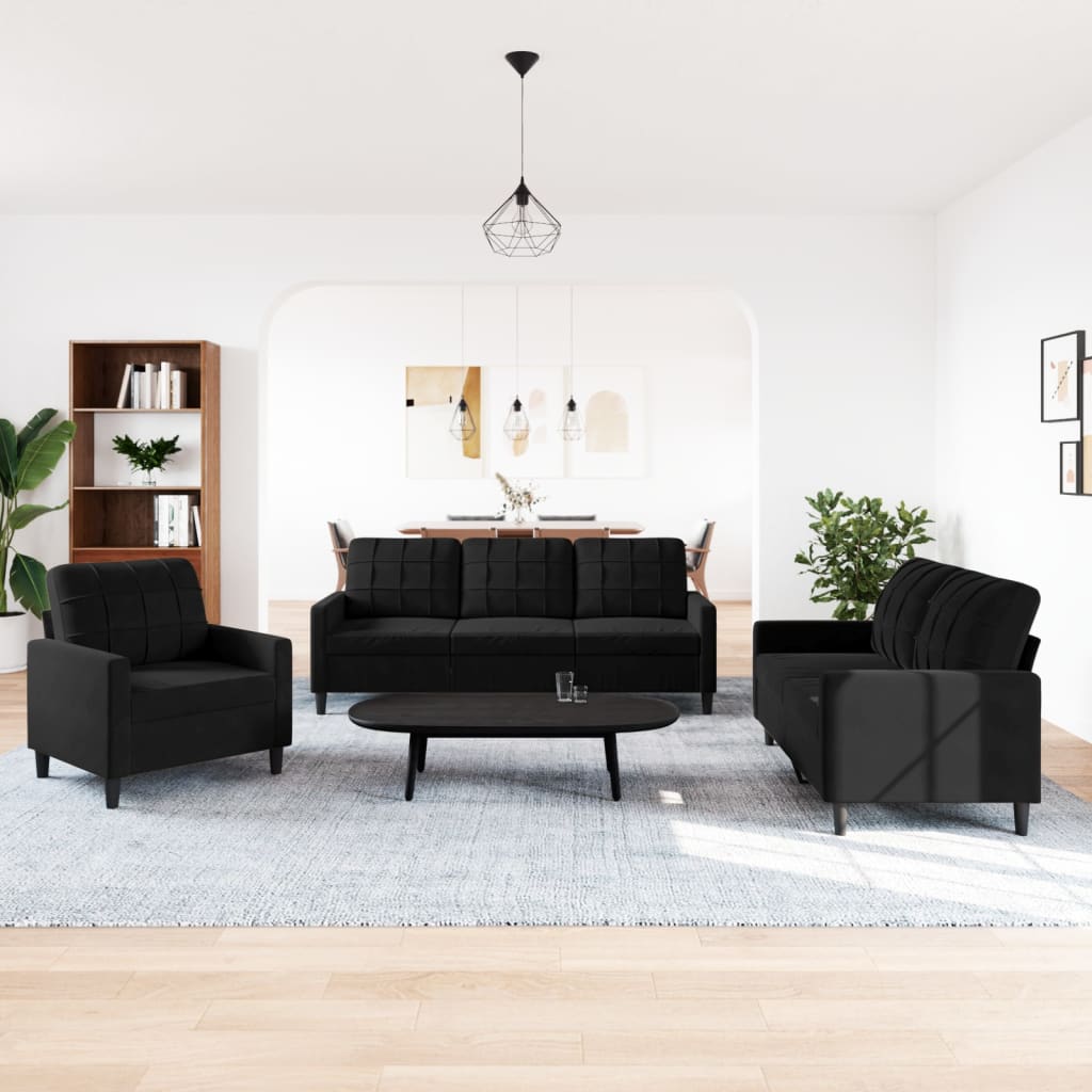 3 Pcs conjunto de sofás com almofadões veludo preto