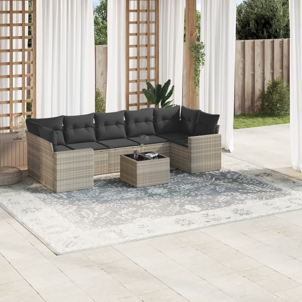 8 Pcs conj. sofás jardim c/ almofadões vime PE cinzento-claro
