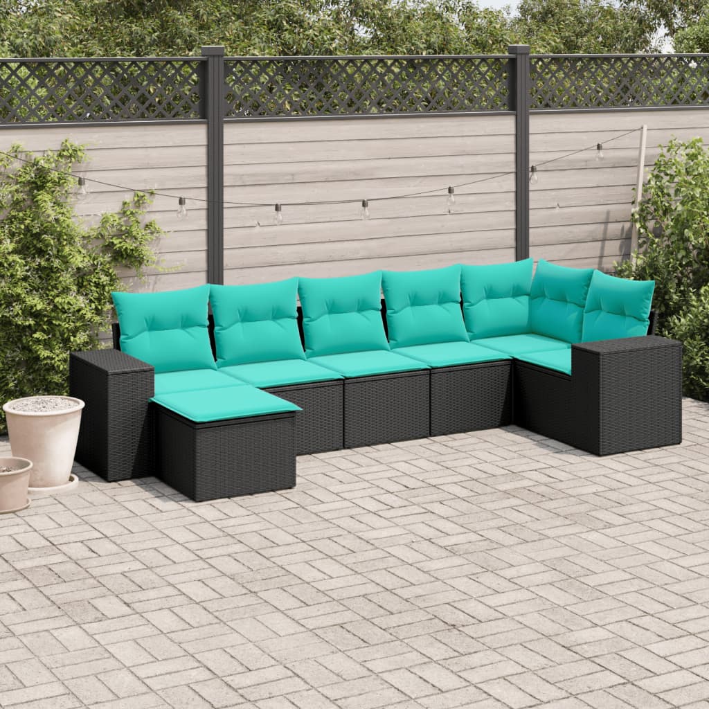 Conjunto de sofá de jardim com 7 peças e almofadas em rattan sintético preto