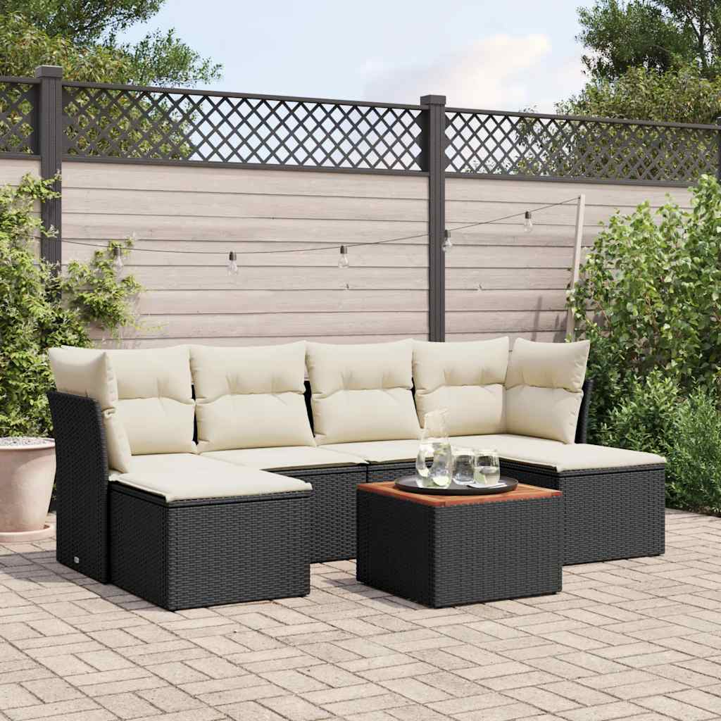 7 Pcs conjunto de sofás p/ jardim c/ almofadões vime PE preto