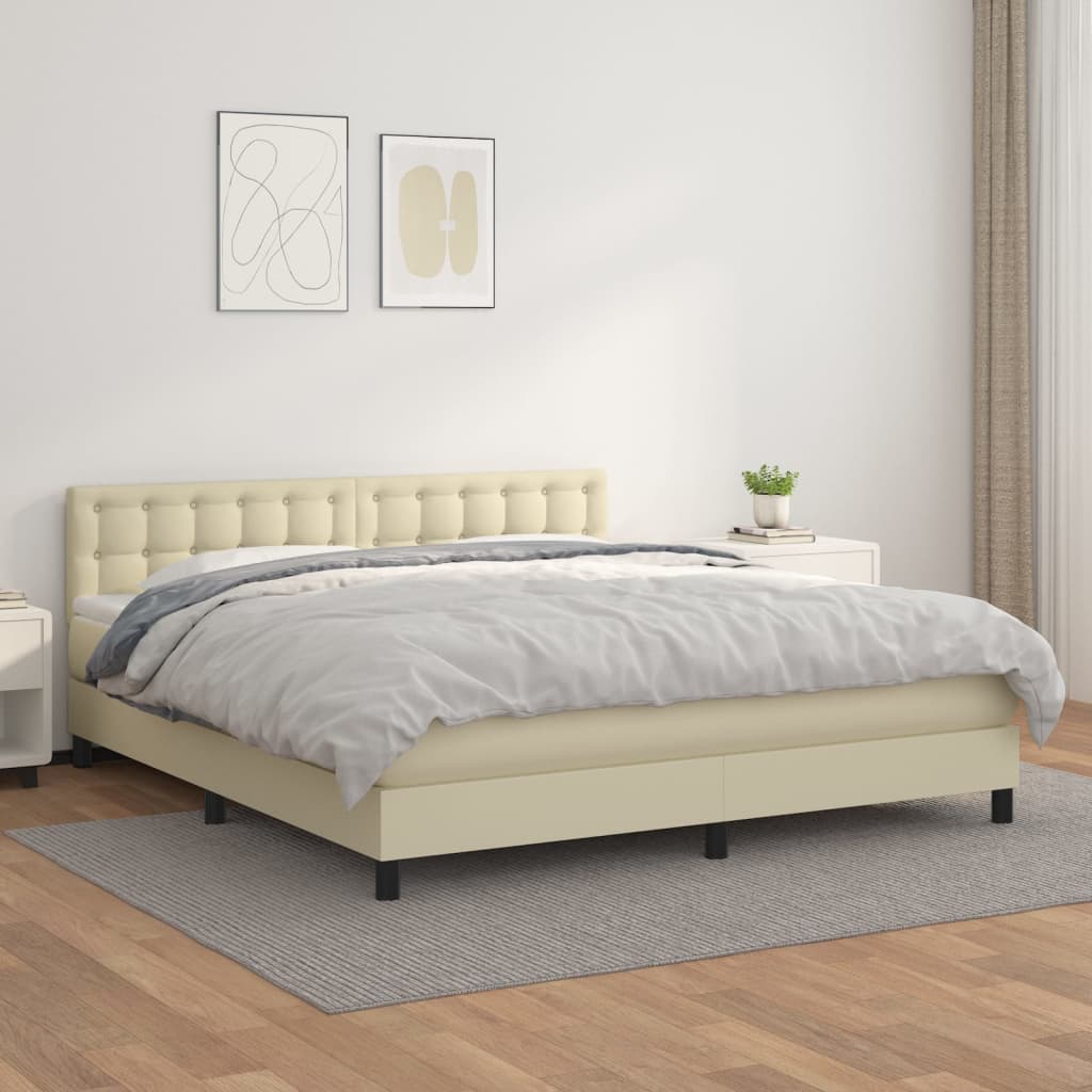 Cama com molas/colchão 160x200 cm couro artificial cor creme