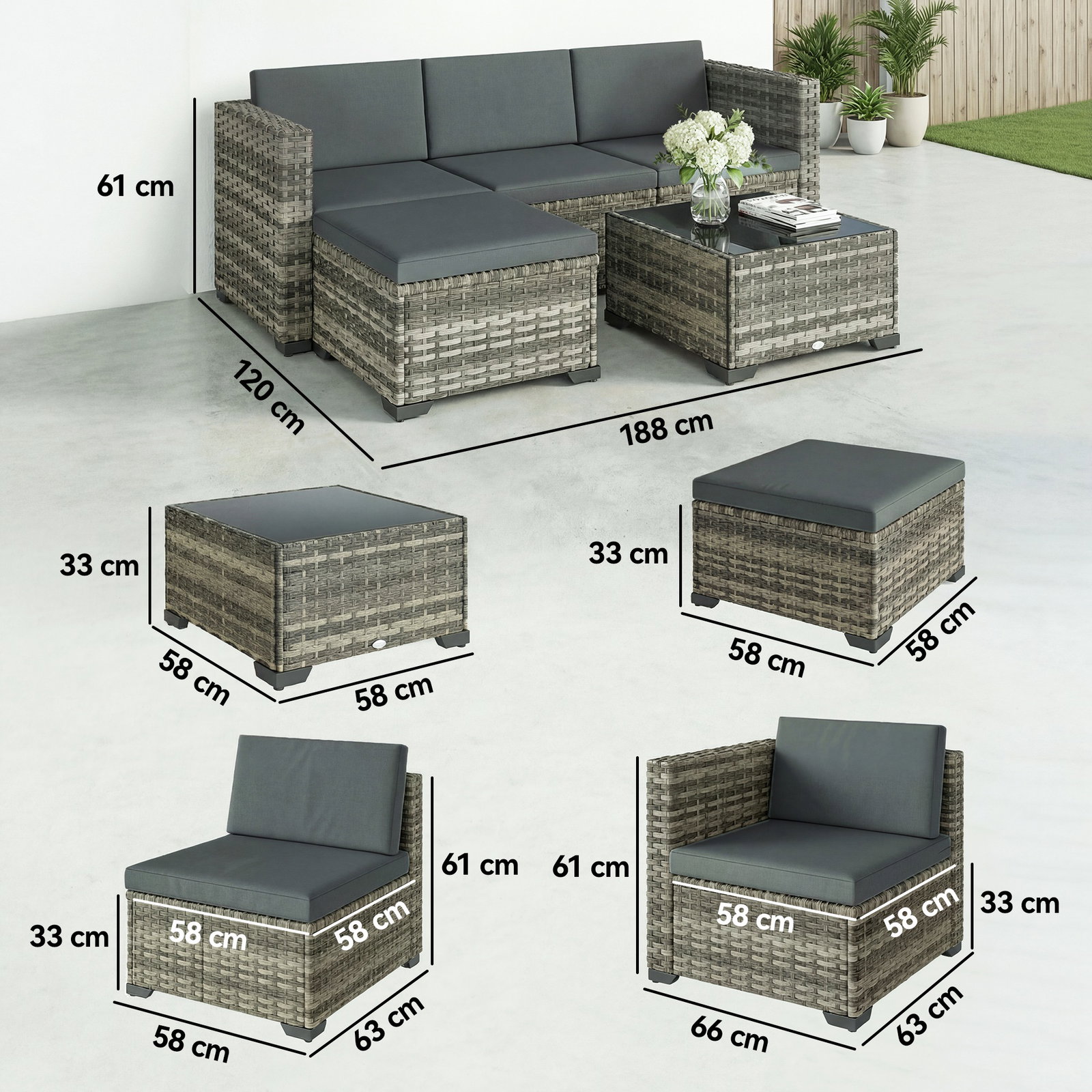 Conjunto de jardim em vime de 5 peças inclui almofadas 2 poltronas de canto poltrona sem braços apoia-pés e mesa de centro cinza escuro