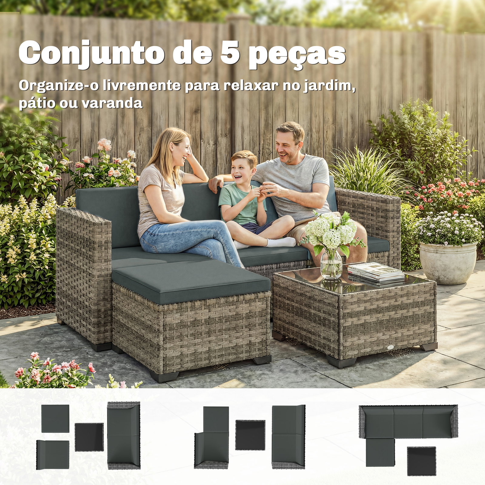 Conjunto de jardim em vime de 5 peças inclui almofadas 2 poltronas de canto poltrona sem braços apoia-pés e mesa de centro cinza escuro