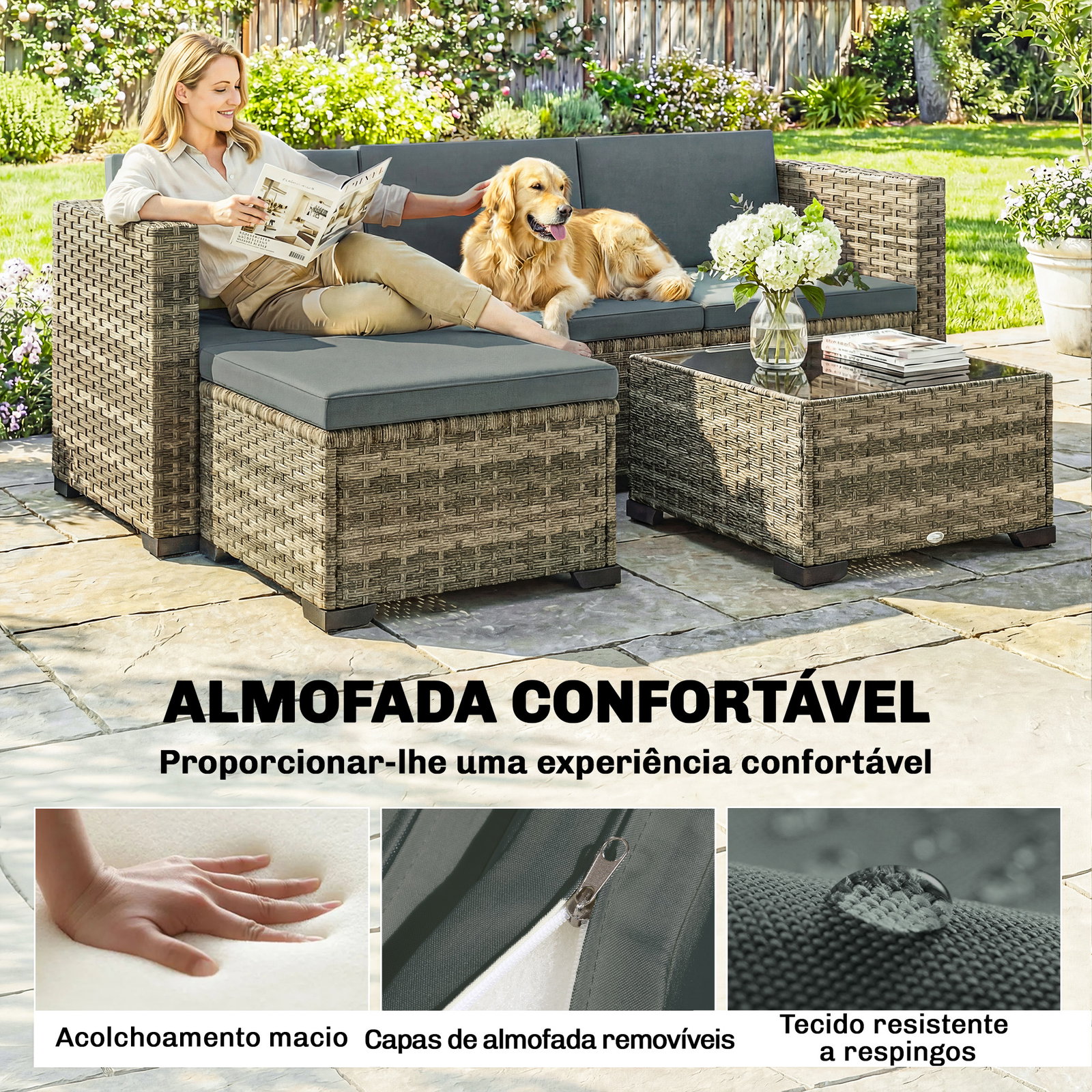 Conjunto de jardim em vime de 5 peças inclui almofadas 2 poltronas de canto poltrona sem braços apoia-pés e mesa de centro cinza escuro
