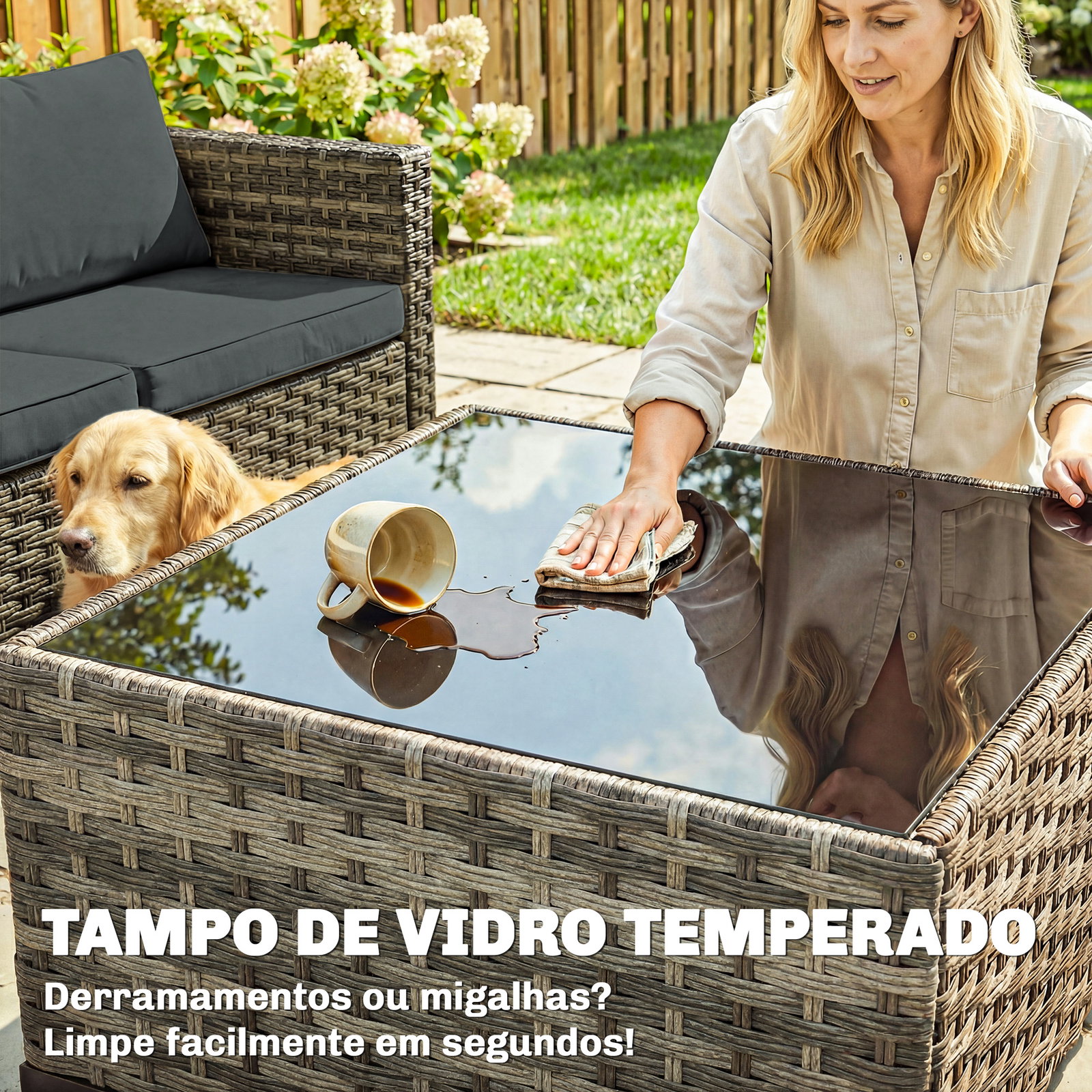 Conjunto de jardim em vime de 5 peças inclui almofadas 2 poltronas de canto poltrona sem braços apoia-pés e mesa de centro cinza escuro