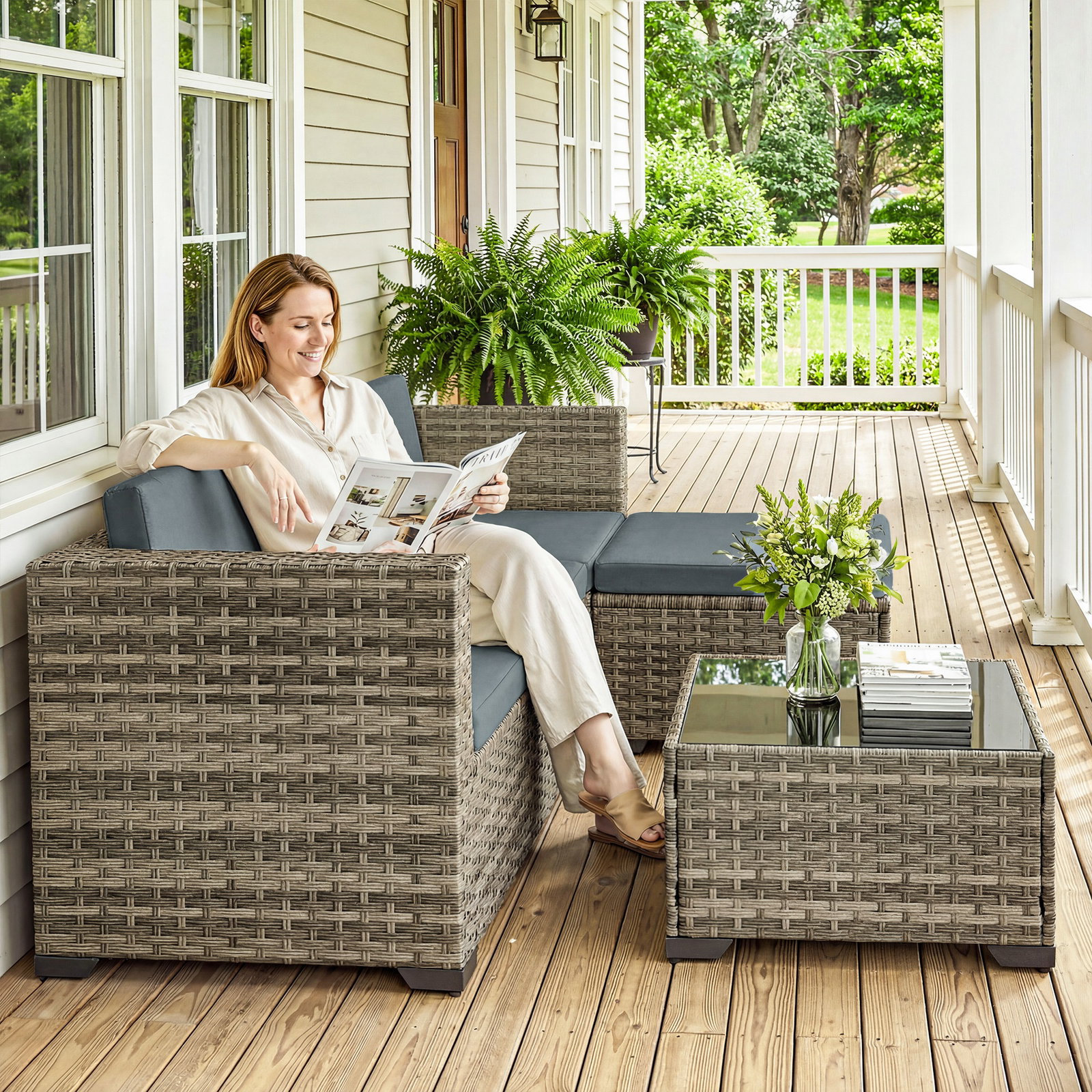 Conjunto de jardim em vime de 5 peças inclui almofadas 2 poltronas de canto poltrona sem braços apoia-pés e mesa de centro cinza escuro