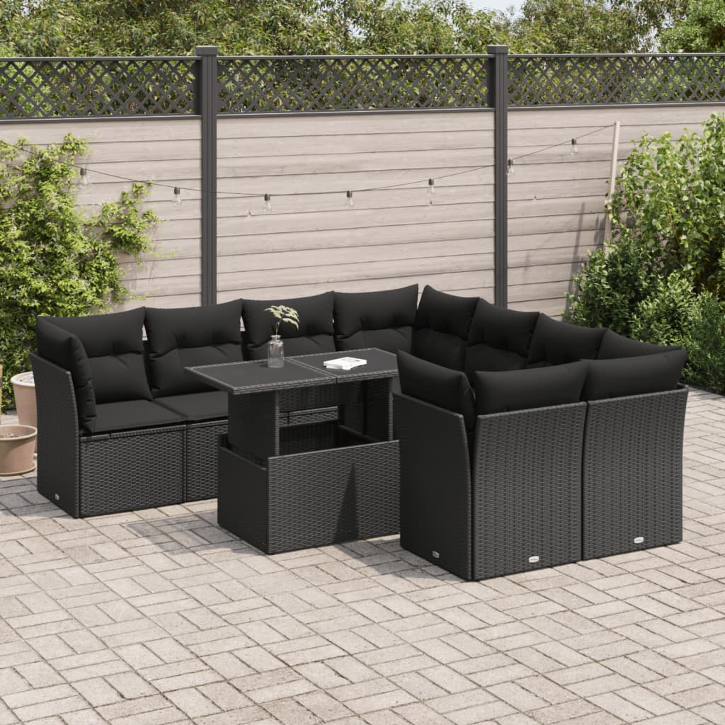 9 Pcs conjunto de sofás p/ jardim c/ almofadões vime PE preto