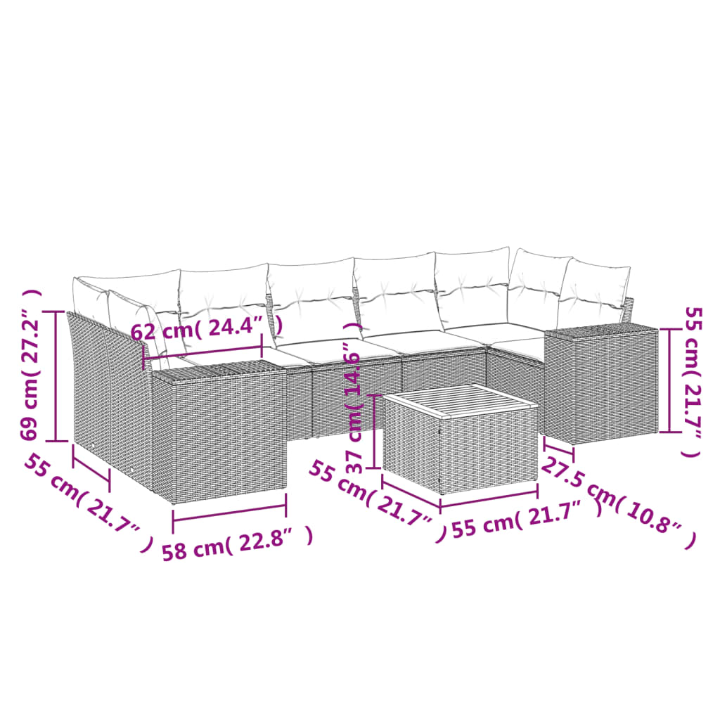 8 Pcs conjunto sofás de jardim c/ almofadões vime PE cinzento