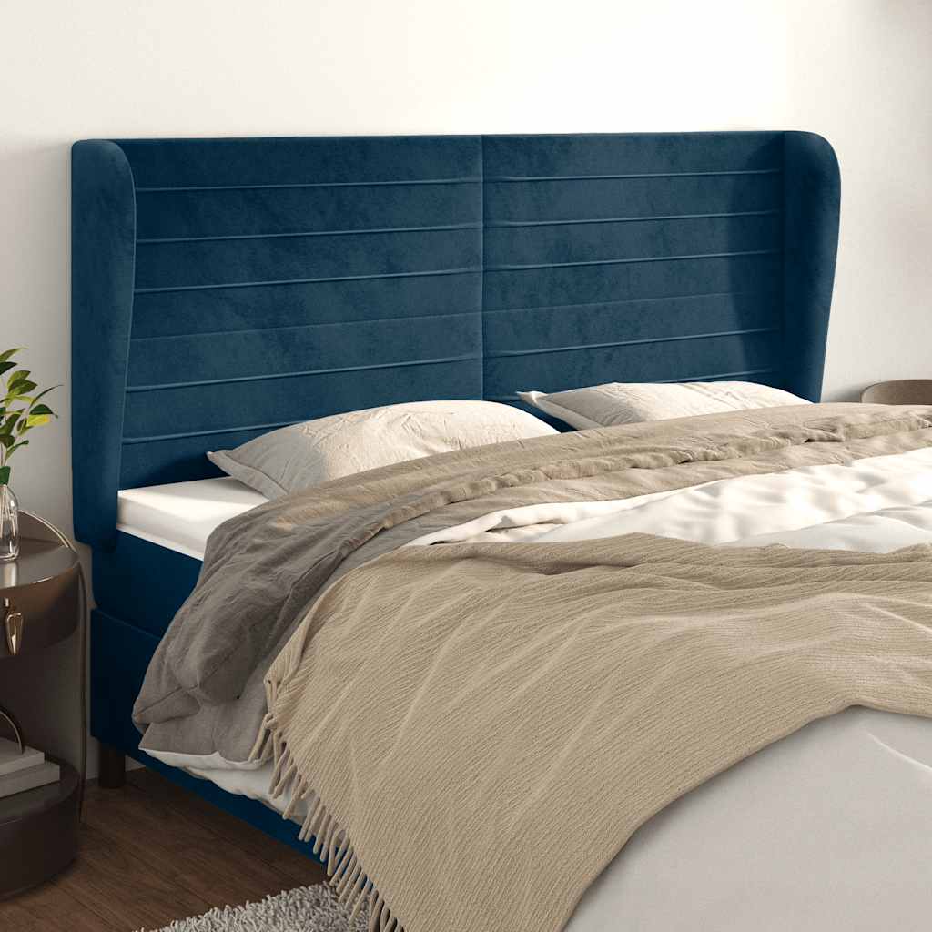 Cabeceira cama c/ abas veludo 203x23x118/128 cm azul-escuro