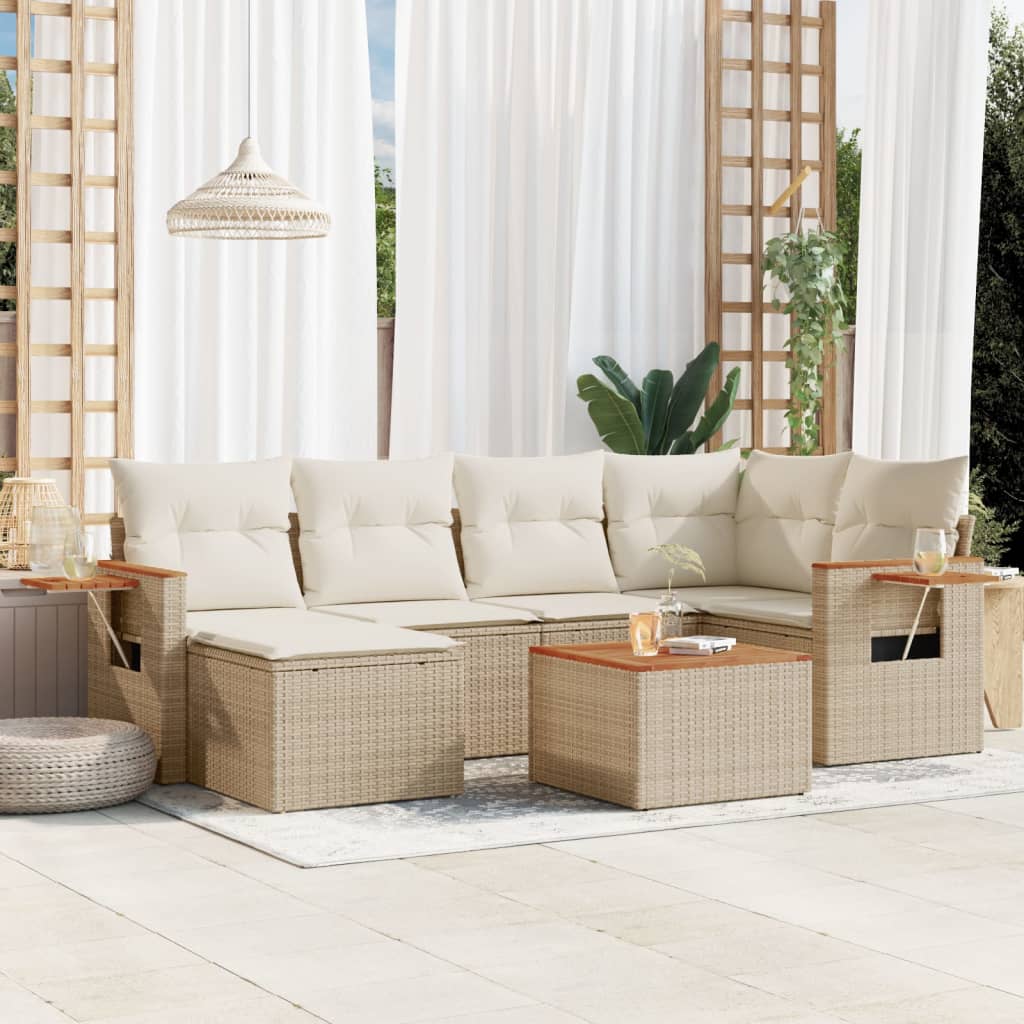 7 Pcs conjunto de sofás p/ jardim com almofadões vime PE bege