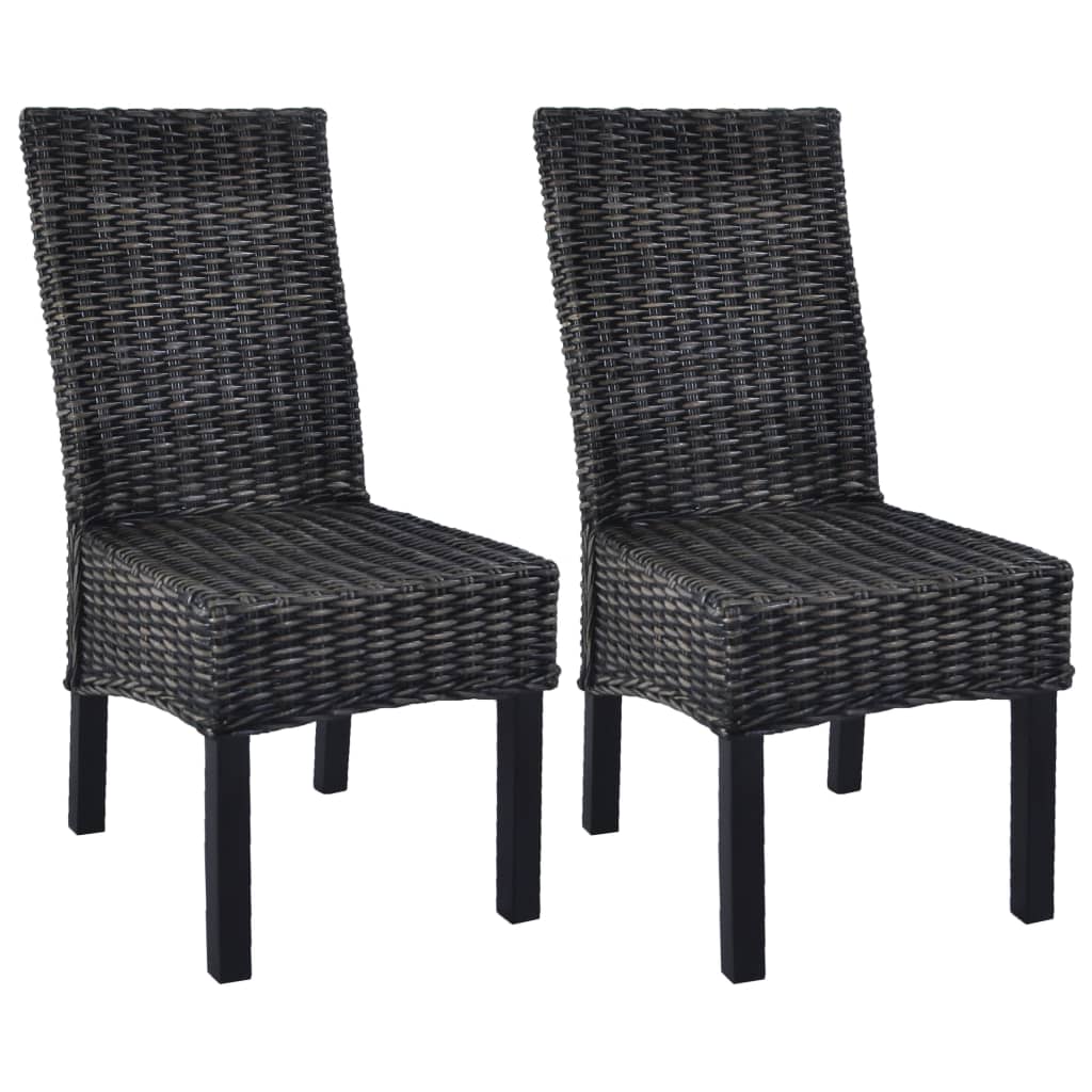 Cadeiras de jantar 2 pcs vime kubu preto + madeira mogno