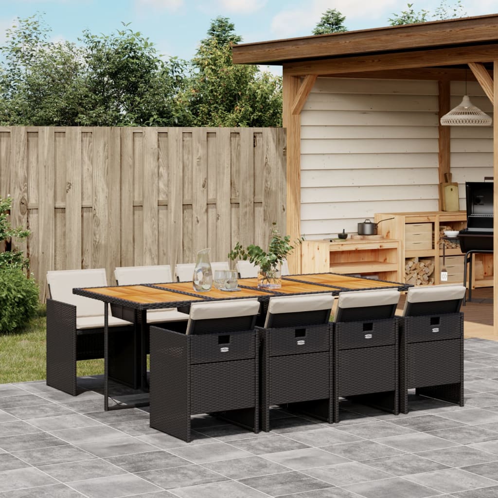 9 Pcs conjunto de jantar p/ jardim c/ almofadões vime PE preto